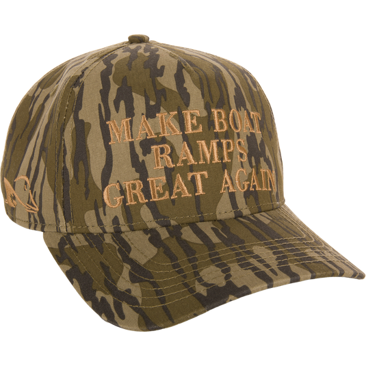 Make Boat Ramps Great Again Cap featuring front embroidery, 5-panel crown, curved visor, and adjustable snap back closure, supporting boat ramp restoration efforts.