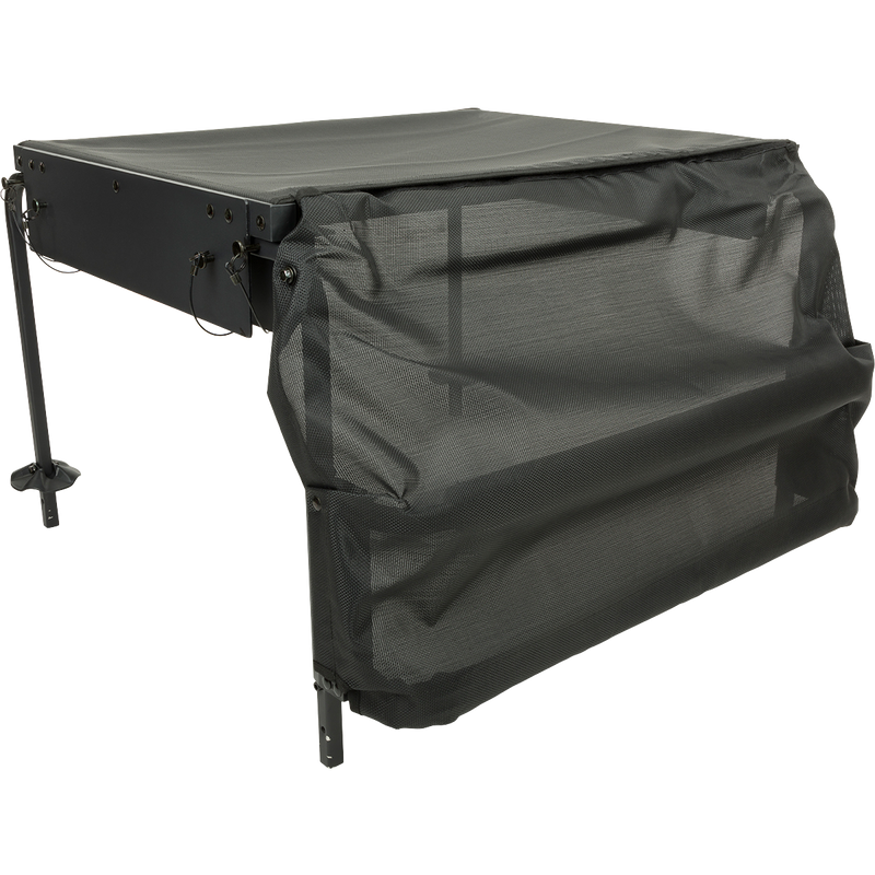 A black table with a mesh-topped platform and extension legs for deep water, part of the Ghillie Deluxe Platform from Purewhitelaneshop.