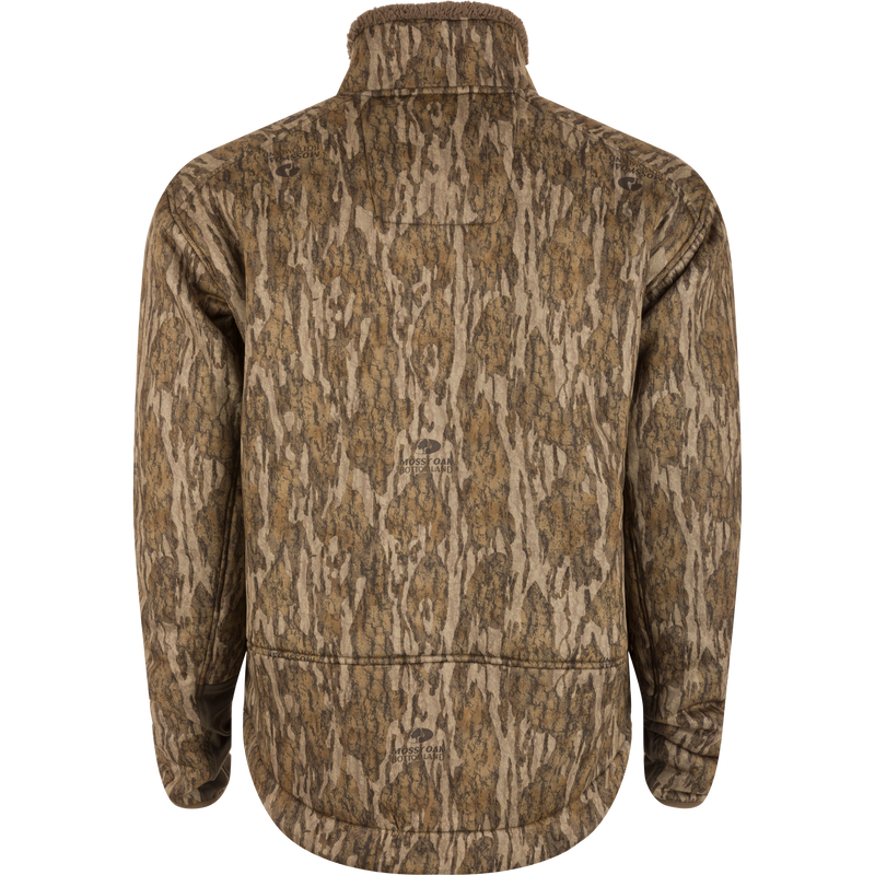 Midweight Nova Silencer Jacket with Agion Active X2, back view, showcasing camouflage pattern, water resistance, breathable fleece, and convenient pockets for hunting functionality.