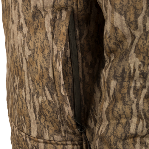 Midweight Nova Silencer Jacket with Agion Active X2, showcasing a bark-style camo print, side seam, and zippered pocket, ideal for hunting with advanced odor protection.
