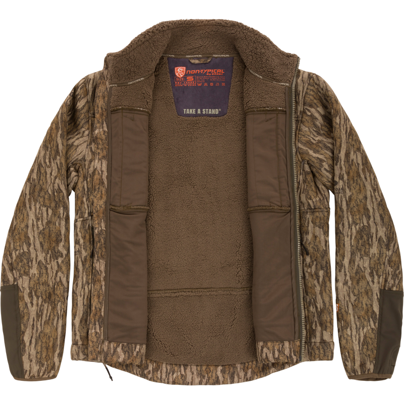 Camouflage-patterned Midweight Nova Silencer Jacket with Agion Active X2, unzipped to show fleece lining, brand label, and reinforced elbow panels, emphasizing functionality and hunting practicality.