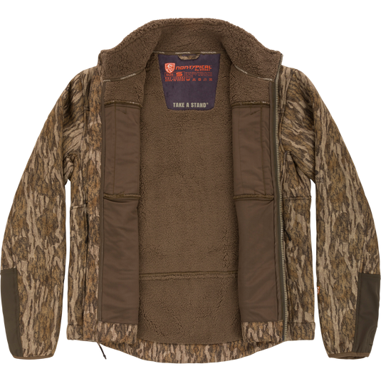 Camouflage-patterned Midweight Nova Silencer Jacket with Agion Active X2, unzipped to show fleece lining, brand label, and reinforced elbow panels, emphasizing functionality and hunting practicality.