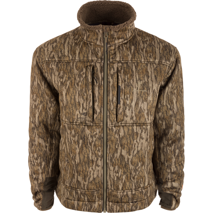 Midweight Nova Silencer Jacket with Agion Active X2, featuring a camo pattern, stand-up collar, zippered chest pockets, and elastic cuffs, designed for versatile outdoor use.