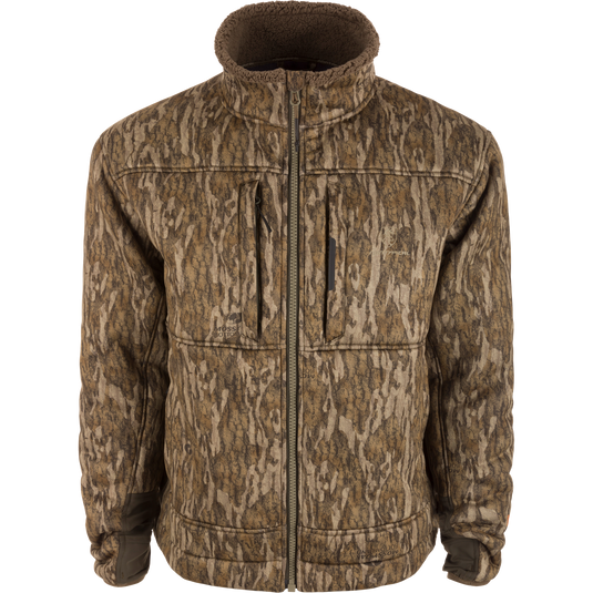 Midweight Nova Silencer Jacket with Agion Active X2, featuring a camo pattern, stand-up collar, zippered chest pockets, and elastic cuffs, designed for versatile outdoor use.