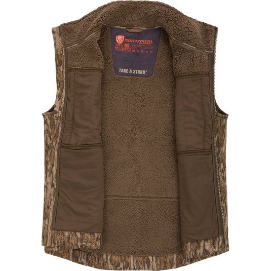 Midweight Nova Silencer Vest with Agion Active X2, featuring a camouflage shell, brown fleece lining, zip-front, interior pockets, and safety harness pass-through, ideal for hunting enthusiasts.
