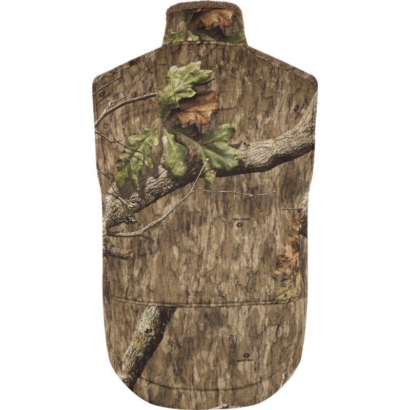 Back view of the Midweight Nova Silencer Vest with Agion Active X2, showcasing realistic tree bark and leaves camouflage pattern, designed for warmth, breathability, and hunting functionality.