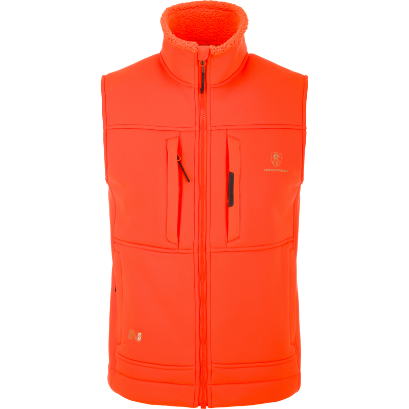 Midweight Nova Silencer Vest with Agion Active X2, featuring high collar, full zipper, multiple zip pockets, and fleece lining for warmth, ideal for outdoor activities.
