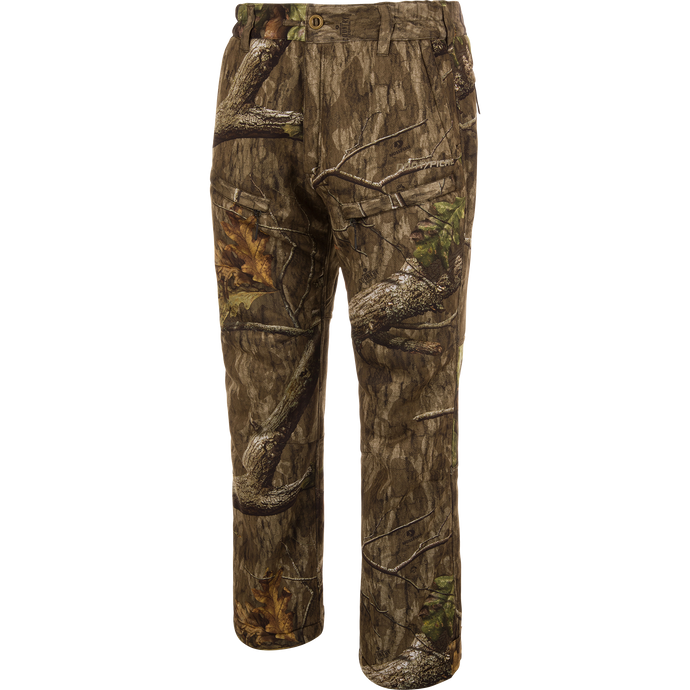 Midweight Nova Silencer Pant with Scent Control in woodland camouflage, featuring durable, water-resistant fabric with anti-odor technology, stretch waistband, and multiple zippered pockets for enhanced hunting mobility.