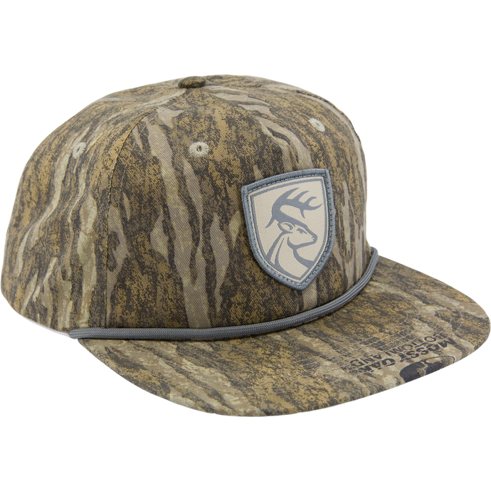 Non-Typical X Lost Hat Goat Rope Hat featuring woodland camo, deer patch, and rope detail; 5-panel, adjustable snap back for comfortable, versatile fit.