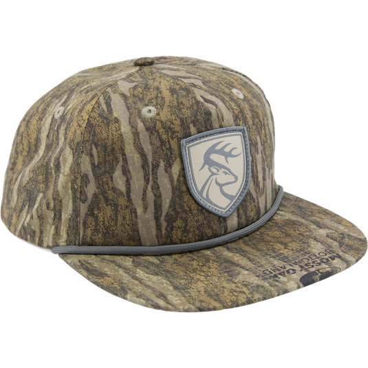 Non-Typical X Lost Hat Goat Rope Hat featuring woodland camo, deer patch, and rope detail; 5-panel, adjustable snap back for comfortable, versatile fit.