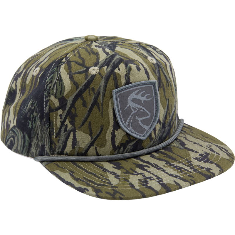 Non-Typical X Lost Hat Goat Rope Hat features a deer patch on camouflage print, 5-panel design, adjustable snapback, and paracord detailing, perfect for outdoor adventures.