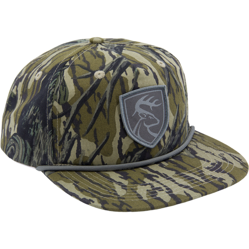 Non-Typical X Lost Hat Goat Rope Hat features a deer patch on camouflage print, 5-panel design, adjustable snapback, and paracord detailing, perfect for outdoor adventures.