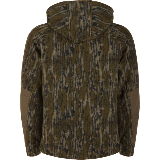 Back view of BMF1600 Kevlar Wader with Primaloft, showcasing its fleecy camo-patterned hooded jacket with olive-brown elbow panels, highlighting durability and advanced construction.