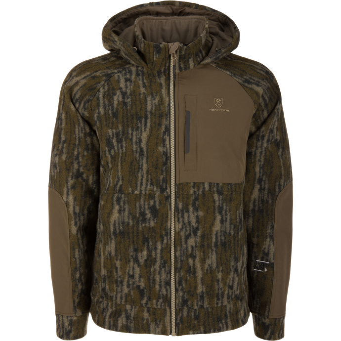 Midweight Hydrowool Softshell Jacket features an olive camo pattern, reinforced panels, and a vertical chest zip pocket, ideal for harsh outdoor conditions and scent control.