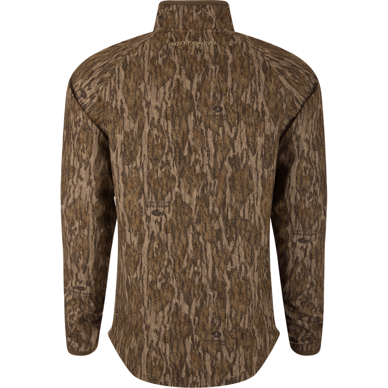 Back view of the Non-Typical SWT Hybrid Half Zip with Scent Control, featuring Mossy Oak Bottomland camo, ergonomic thumbholes, and water-resistant chest pocket.