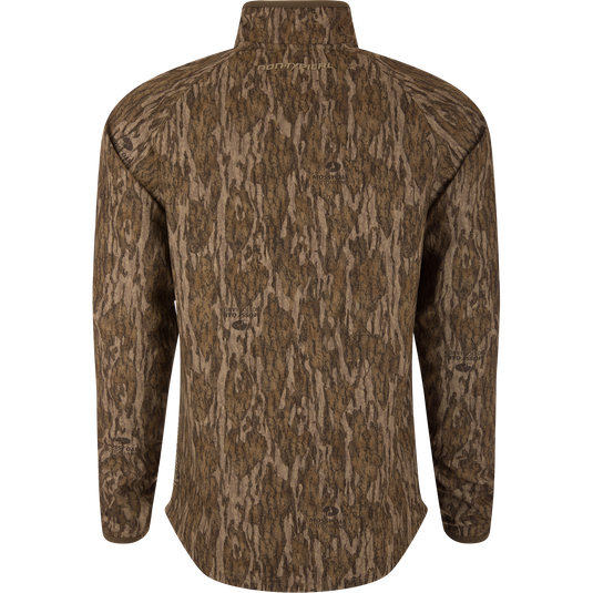 Back view of the Non-Typical SWT Hybrid Half Zip with Scent Control, featuring Mossy Oak Bottomland camo, ergonomic thumbholes, and water-resistant chest pocket.