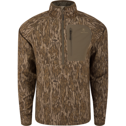 Non-Typical SWT Hybrid Half Zip with Scent Control, featuring a tree-bark camouflage pattern, zip-up collar, and zippered chest pocket, ideal for hunting with advanced moisture-wicking and odor control.