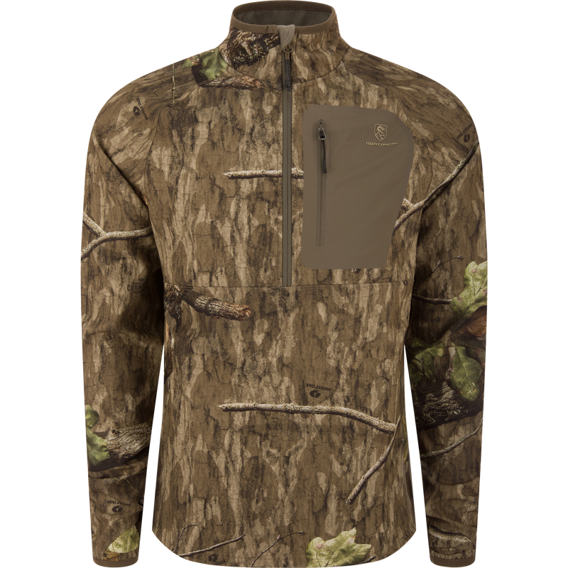 Non-Typical SWT Hybrid Half Zip with Scent Control features woodland camouflage, ergonomic thumbholes, and water-resistant pockets, ideal for hunting with breathability and odor protection.