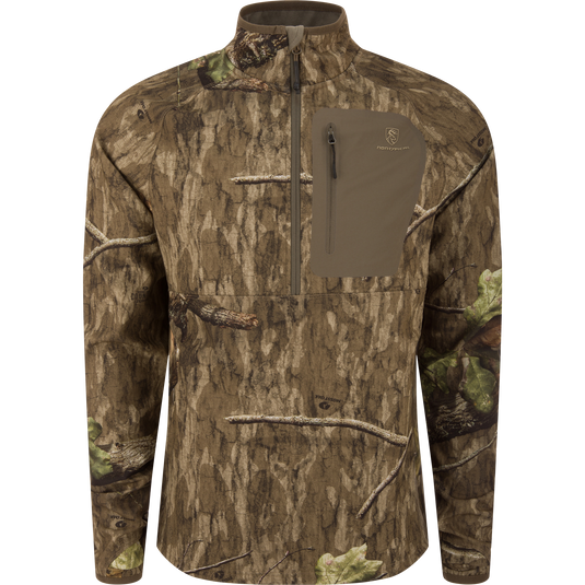 Non-Typical SWT Hybrid Half Zip with Scent Control features woodland camouflage, ergonomic thumbholes, and water-resistant pockets, ideal for hunting with breathability and odor protection.