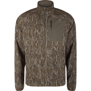 Non-Typical Lightweight SWT Half Zip Pullover with Scent Control on mannequin, featuring Mossy Oak Bottomland camo, zippered chest pocket, and ergonomic thumbholes for outdoor adventures.