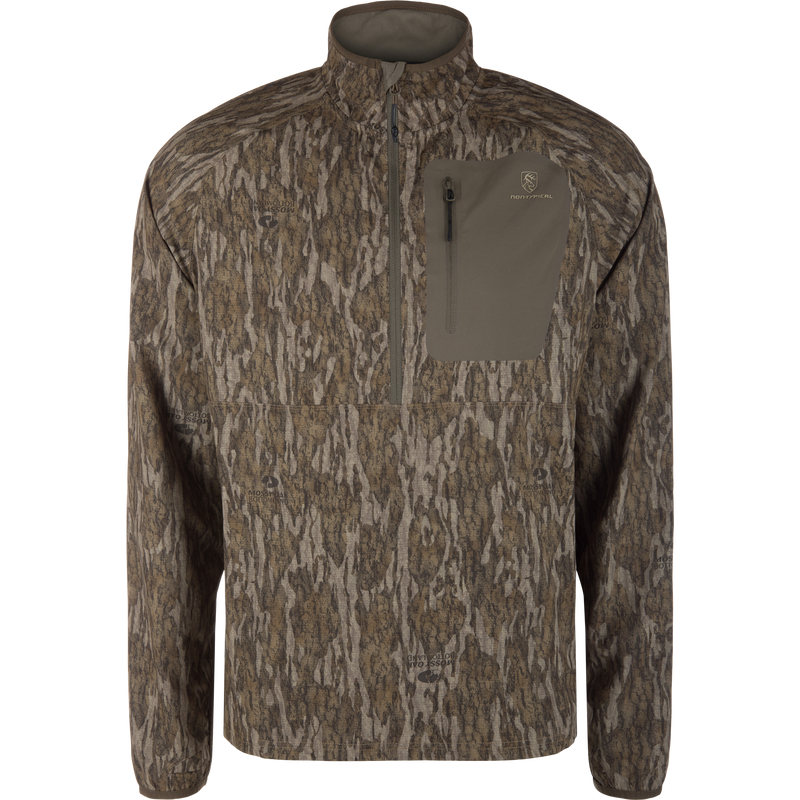 Non-Typical Lightweight SWT Half Zip Pullover with Scent Control on mannequin, featuring Mossy Oak Bottomland camo, zippered chest pocket, and ergonomic thumbholes for outdoor adventures.
