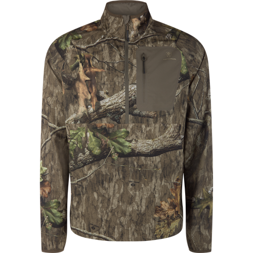 Non-Typical Lightweight SWT Half Zip Pullover with Scent Control, camo-patterned with zippered chest pocket, offers breathability, water resistance, and anti-odor technology for outdoor hunting.
