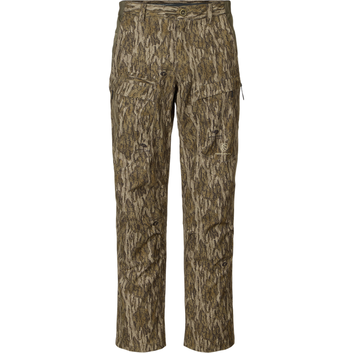 Non-Typical Pant with Spider Web Technology in tree bark camo, featuring thigh pockets, belt loops, and a zip fly, ideal for hunting with advanced odor and water resistance.