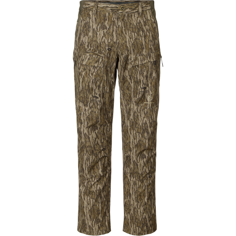 Non-Typical Pant with Spider Web Technology in tree bark camo, featuring thigh pockets, belt loops, and a zip fly, ideal for hunting with advanced odor and water resistance.