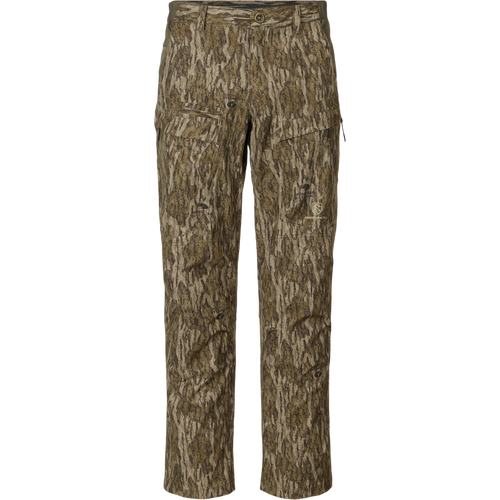 Non-Typical Pant with Spider Web Technology in tree bark camo, featuring thigh pockets, belt loops, and a zip fly, ideal for hunting with advanced odor and water resistance.