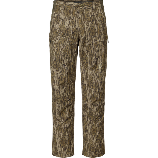 Non-Typical Pant with Spider Web Technology in tree bark camo, featuring thigh pockets, belt loops, and a zip fly, ideal for hunting with advanced odor and water resistance.