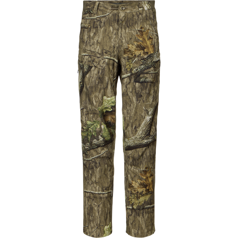 Non-Typical Pant with Spider Web Technology featuring realistic tree-bark-and-leaf camouflage, designed for outdoor mobility, odor protection, and water resistance, ideal for hunting environments.