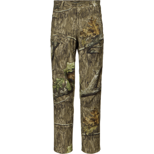 Non-Typical Pant with Spider Web Technology featuring realistic tree-bark-and-leaf camouflage, designed for outdoor mobility, odor protection, and water resistance, ideal for hunting environments.