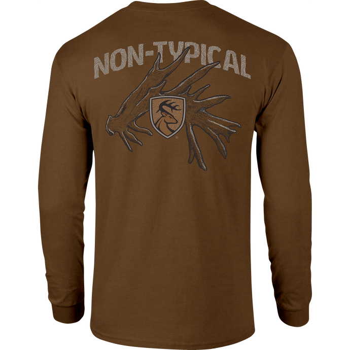 Non-Typical Shed Long Sleeve T-Shirt showcasing lightweight fabric, crafted with a 60% cotton and 40% polyester blend, ideal for casual wear and outdoor activities.