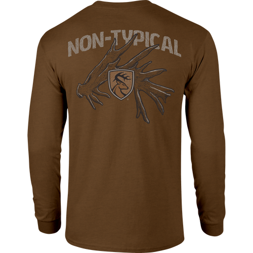 Non-Typical Shed Long Sleeve T-Shirt showcasing lightweight fabric, crafted with a 60% cotton and 40% polyester blend, ideal for casual wear and outdoor activities.
