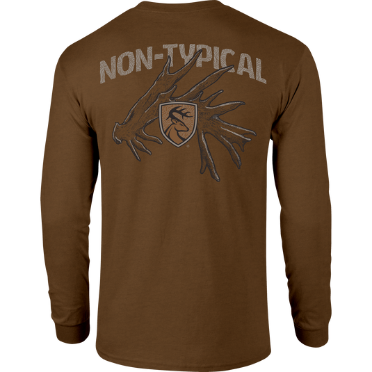 Non-Typical Shed Long Sleeve T-Shirt showcasing lightweight fabric, crafted with a 60% cotton and 40% polyester blend, ideal for casual wear and outdoor activities.