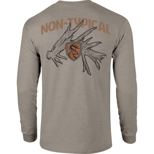 Non-Typical Shed Long Sleeve T-Shirt featuring lightweight cotton-poly blend and long sleeves, ideal for casual wear and outdoor activities.
