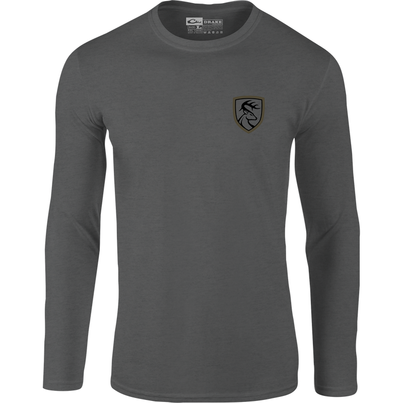 Non-Typical Rattler Long Sleeve T-Shirt featuring the Drake Logo on the front, crafted from a lightweight cotton-polyester blend, ideal for outdoor enthusiasts.