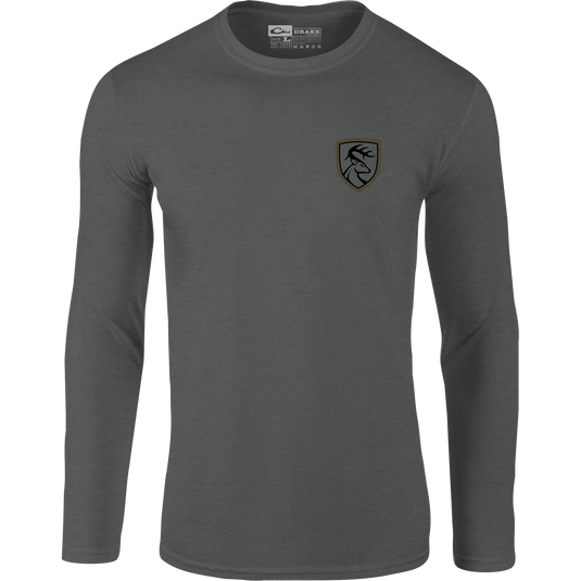 Non-Typical Rattler Long Sleeve T-Shirt featuring the Drake Logo on the front, crafted from a lightweight cotton-polyester blend, ideal for outdoor enthusiasts.