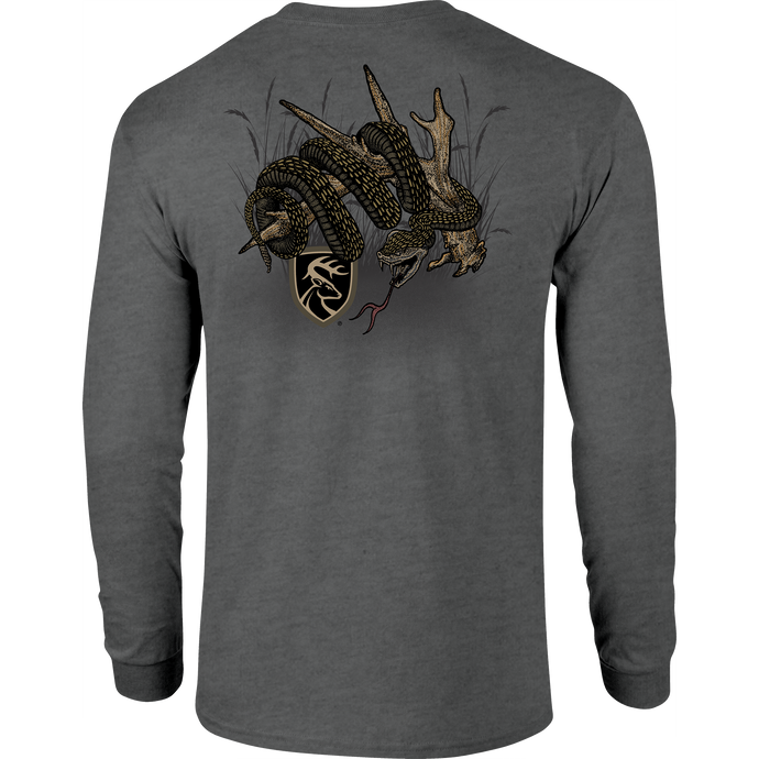 Non-Typical Rattler Long Sleeve T-Shirt featuring the Drake Logo, crafted from lightweight cotton-polyester blend, ideal for outdoor enthusiasts seeking quality performance wear.