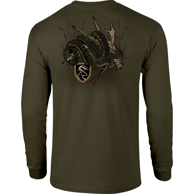 Non-Typical Rattler Long Sleeve T-Shirt with Drake Logo, featuring a lightweight cotton-polyester blend, ideal for outdoor enthusiasts seeking comfort and style.