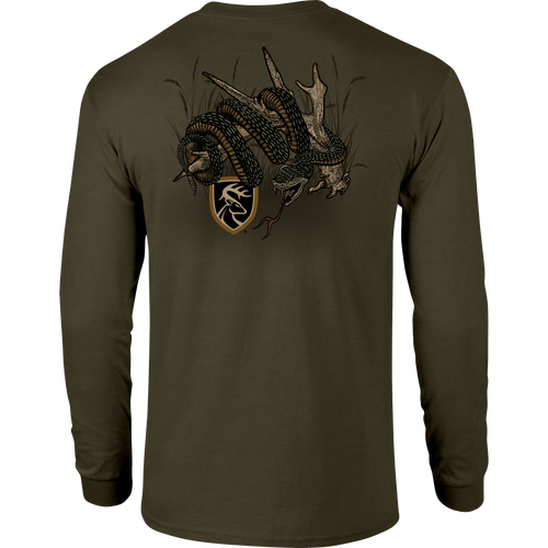 Non-Typical Rattler Long Sleeve T-Shirt with Drake Logo, featuring a lightweight cotton-polyester blend, ideal for outdoor enthusiasts seeking comfort and style.
