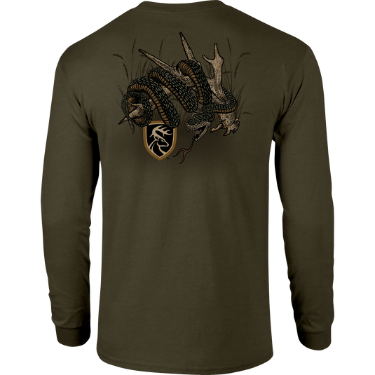 Non-Typical Rattler Long Sleeve T-Shirt with Drake Logo, featuring a lightweight cotton-polyester blend, ideal for outdoor enthusiasts seeking comfort and style.