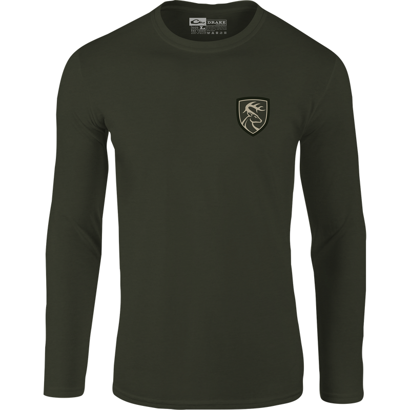 Non-Typical Original Bottomland Long Sleeve T-Shirt featuring Drake Logo, ideal for outdoor enthusiasts, crafted from a lightweight cotton-polyester blend for comfort and style.