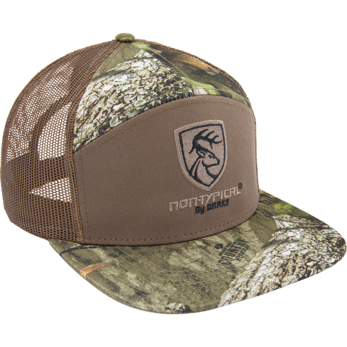 Non-Typical X Lost Sa7age 7 Panel Cap featuring woodland camouflage, embroidered logo, brown mesh back, flat bill, and adjustable snapback.
