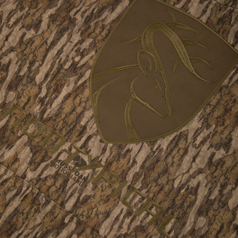 Youth Non-Typical Performance Hoodie with Agion Active featuring camo fabric, embroidered deer-head logo, PONTYPETAL brand, and kangaroo pocket, ideal for hunting.