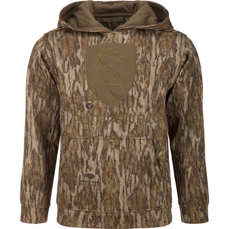 Youth Non-Typical Performance Hoodie with Agion Active featuring a camo pattern, kangaroo pocket, hood, deer head emblem, and NONTYPICAL and Mossy Oak Bottomland logos.