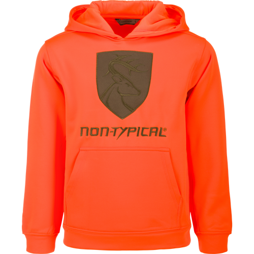 Youth Non-Typical Performance Hoodie with Agion Active featuring a deer-head emblem, kangaroo pocket, and lined hood. Made for durability and range of motion with anti-pilling fabric.