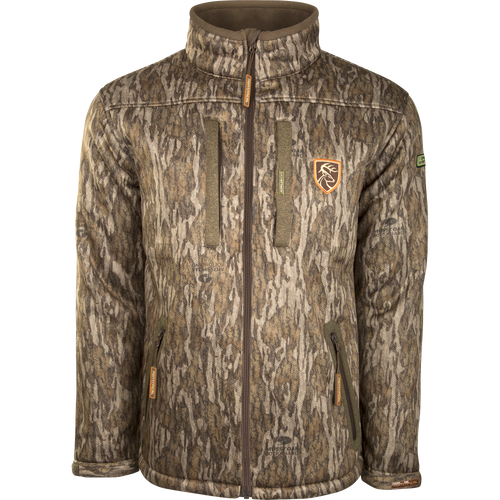 Silencer Full Zip Jacket Full Camo with Scent Control features vertical zipped chest pockets, a durable fabric, and a close-up of the front zipper.