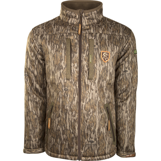 Silencer Full Zip Jacket Full Camo with Scent Control features vertical zipped chest pockets, a durable fabric, and a close-up of the front zipper.