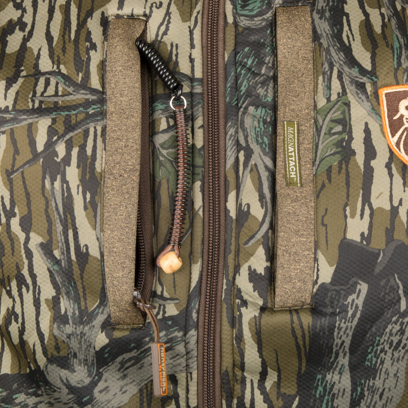Silencer Full Zip Jacket with scent control, featuring close-up of durable zippers and soft polyester fabric, ideal for big game hunting.